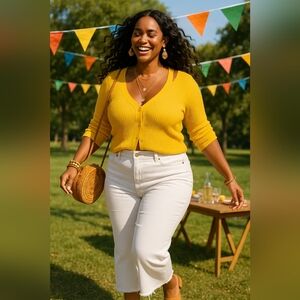 Golden Yellow Coastal Ribbed Knit Long Sleeve Button Front Summer New